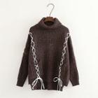 Turtleneck Lace Up Chunky-knit Sweater