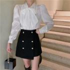 Bow Accent Lace Trim Shirt / Button-up Mini A-line Skirt