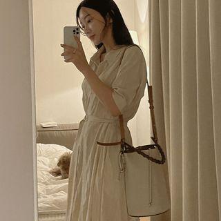 Slit-side Long Shirtdress With Belt Beige - One Size