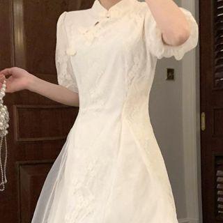 Short-sleeve Mesh Overlay Mini Qipao