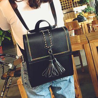 Studded Faux Leather Backpack With Tassel