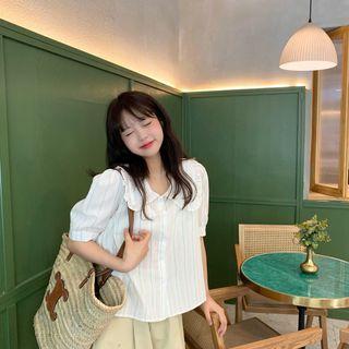 Elbow-sleeve Collared Blouse Almond - One Size