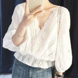 Long-sleeve V-neck Eyelet Blouse