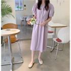 Puff-sleeve Pintuck-waist Dress Light Purple - One Size