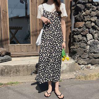 Spaghetti Strap Floral Midi A-line Dress / Short-sleeve Top