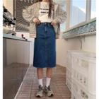 Heart Patch Frayed Slit Midi A-line Denim Skirt