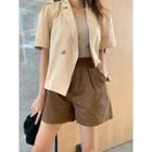 Double-breasted Lapel Shirt + Tank Top / Wide-leg Shorts