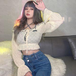 Set: Strappy Cropped Camisole Top + Off-shoulder Lace Cropped Blouse