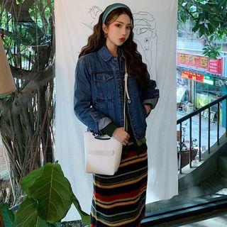Long-sleeve Color Panel Knit Cardigan / Rainbow Striped Knit Long Skirt / Oversize Denim Jacket