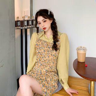 Shirred Floral Spaghetti Strap Dress / Long-sleeve Button-down Plain Shirt