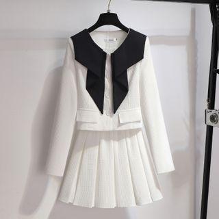 Set: Two Tone Button-up Jacket + Pleated Skirt