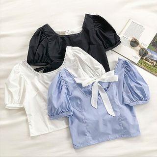 Plain Crewneck Lace-up Short-sleeve Blouse