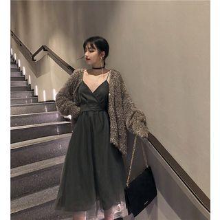 V-neck Spaghetti Strap Midi A-line Dress / Oversize Cardigan