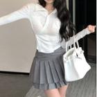 Asymmetrical Long-sleeve Shirred T-shirt / A-line Layered Skirt