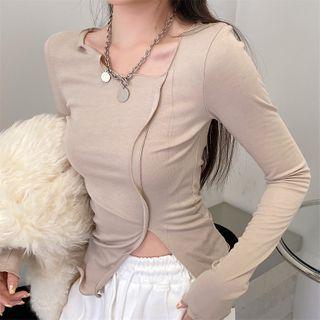 Long-sleeve Side-slit T-shirt Almond - One Size