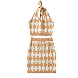 Set: Halter-neck Argyle Camisole Top + Mini Pencil Skirt