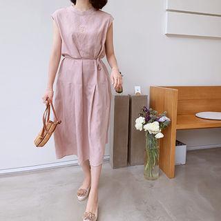 Sleeveless Pintuck-trim Linen Blend Dress With Sash
