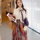 Set: Print Tie-neck Shirt + Mesh Midi Skirt