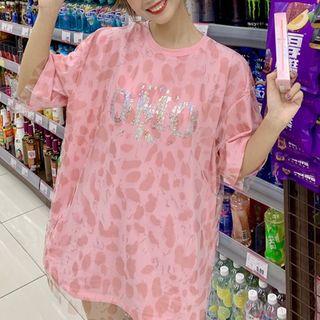 Elbow-sleeve Leopard Print T-shirt Pink - One Size