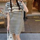 Short-sleeve Striped Polo Mini Dress Stripes - Black & Off White - One Size
