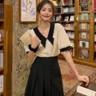 Set : V-neck Puff-sleeve Top + High-waist Skirt