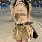Short-sleeve Lettering Lace-up Crop Polo Shirt / Mini A-line Skirt