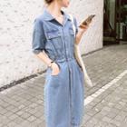 Elbow-sleeve Washed Denim Shirtdress