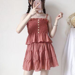 Set: Shirred Camisole Top + High Waist Mini Skirt + Open-front Jacket