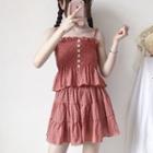 Set: Shirred Camisole Top + High Waist Mini Skirt + Open-front Jacket