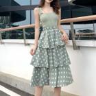 Knit Tank Top / Dotted High-waist Ruffle-trim Skirt