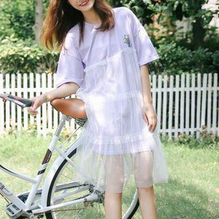 Mesh Panel Floral Embroidered Short-sleeve T-shirt Dress