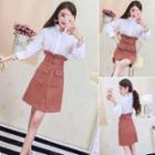 Set: Plain Shirt + Contrast Stitching High-waist A-line Skirt