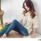 Layered Sleeve Buttoned Plaid Smocked Top