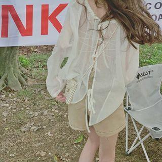 Long-sleeve Open-back Chiffon Top Almond - One Size