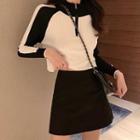 Set: Two-tone Long-sleeve Knit Top + Mini A-line Skirt