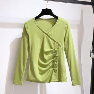 Shirred-front Button Long-sleeve T-shirt