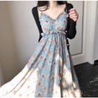 Plain Slim-fit Cardigan / Floral Sleeveless Dress