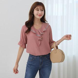V-neck Contrast-trim Ruffled Top
