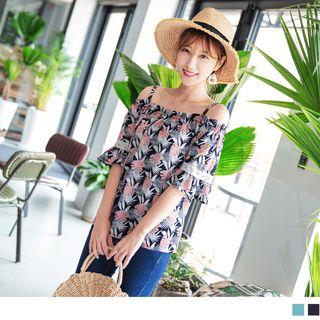 Spaghetti-strap Off-shoulder Lace Panel Leaves Print Top