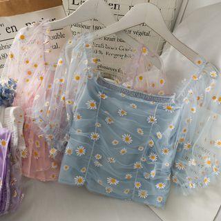 Boatneck Embroidered Mesh Crop Top In 6 Colors