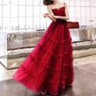 Spaghetti Strap Ruffled A-line Mesh Evening Gown