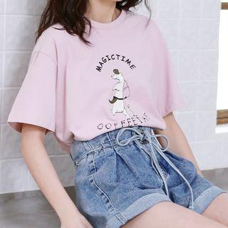Cartoon Print Short-sleeve T-shirt Pink - One Size