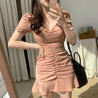 Short-sleeve Paneled Shirred A-line Dress