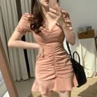 Short-sleeve Paneled Shirred A-line Dress