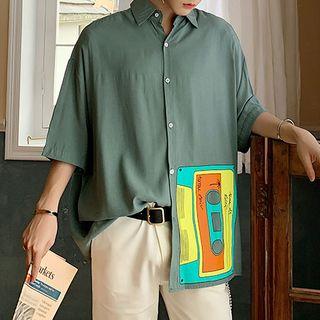 Elbow-sleeve Cassette Tape Print Shirt