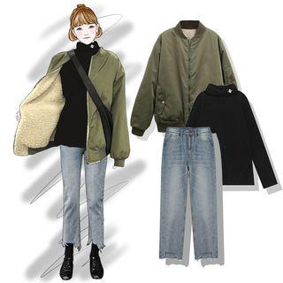 Mock Neck Long-sleeve Top / Reversible Zip Jacket / Straight-cut Jeans