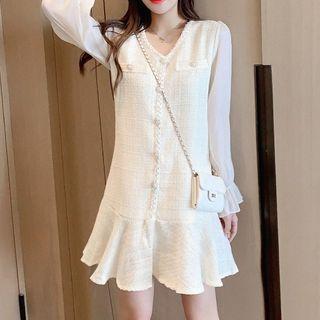 Tweed Panel Ruffle Hem Mini A-line Dress