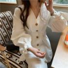 Long-sleeve Buttoned A-line Dress White - One Size
