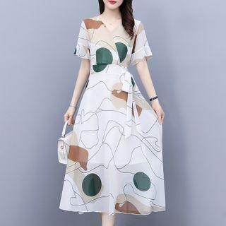 Short-sleeve Abstract Print Tie-waist Midi A-line Dress