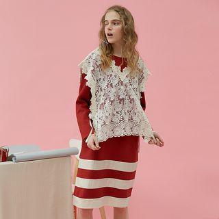 Set : Lace Vest + Stripe Long-sleeve Dress